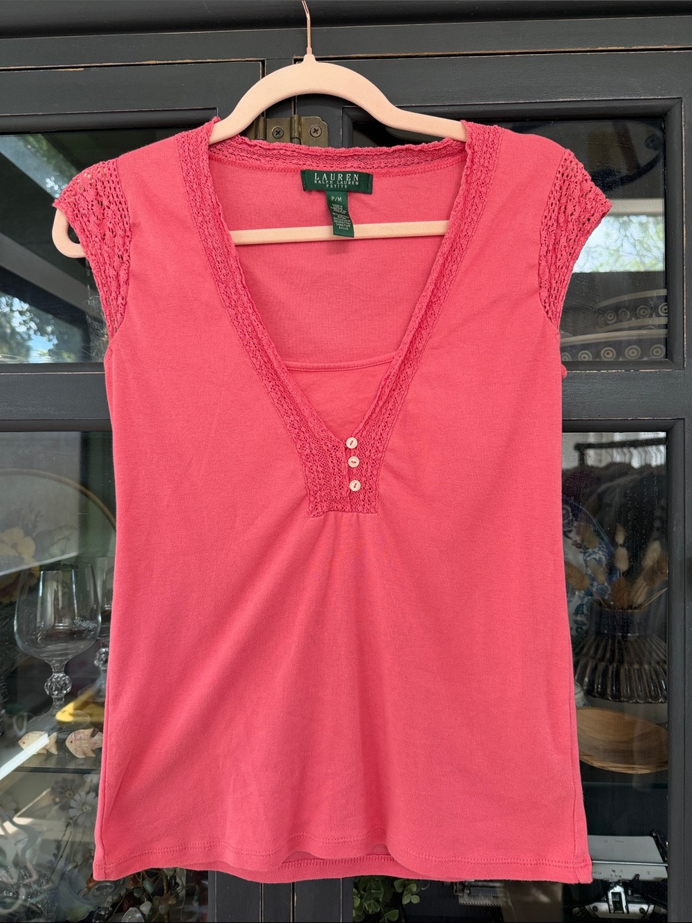 Lauren Ralph Lauren Coral Pink Crochet-Trim V-Neck Tank Top - M Petite